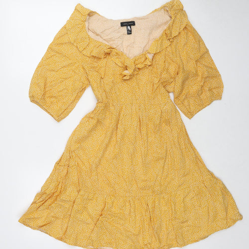 New Look Womens Yellow Geometric Viscose Fit & Flare Size 10 V-Neck Pullover