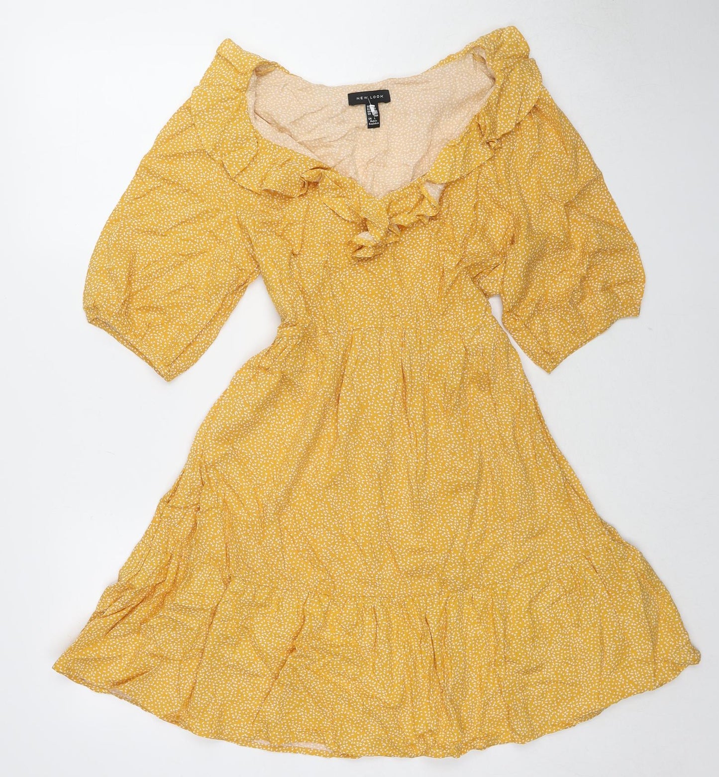 New Look Womens Yellow Geometric Viscose Fit & Flare Size 10 V-Neck Pullover