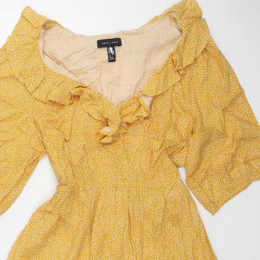 New Look Womens Yellow Geometric Viscose Fit & Flare Size 10 V-Neck Pullover