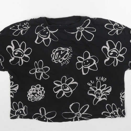NEXT Girls Black Floral Cotton Cropped T-Shirt Size 8 Years Round Neck Pullover - Stay Positive, Be Kind