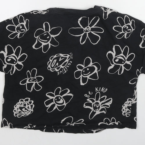 NEXT Girls Black Floral Cotton Cropped T-Shirt Size 8 Years Round Neck Pullover - Stay Positive, Be Kind