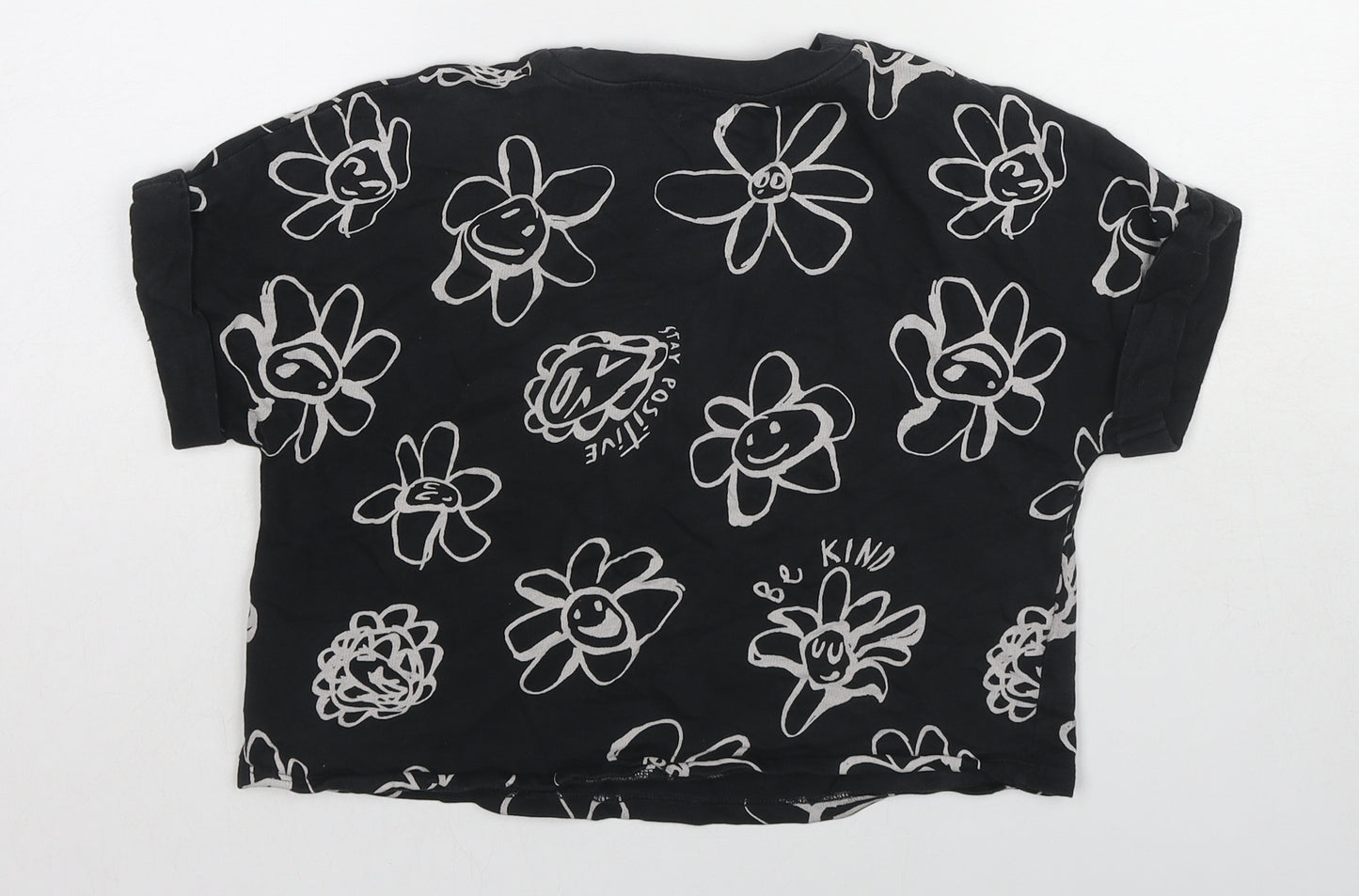 NEXT Girls Black Floral Cotton Cropped T-Shirt Size 8 Years Round Neck Pullover - Stay Positive, Be Kind