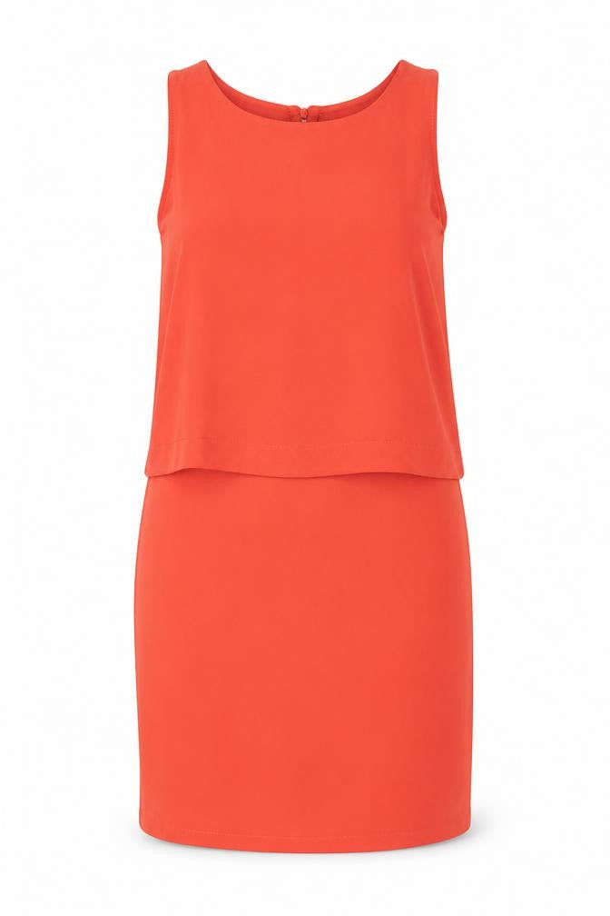 Front view of Influence women’s red polyester mini, size UK 8, round neck button - layered