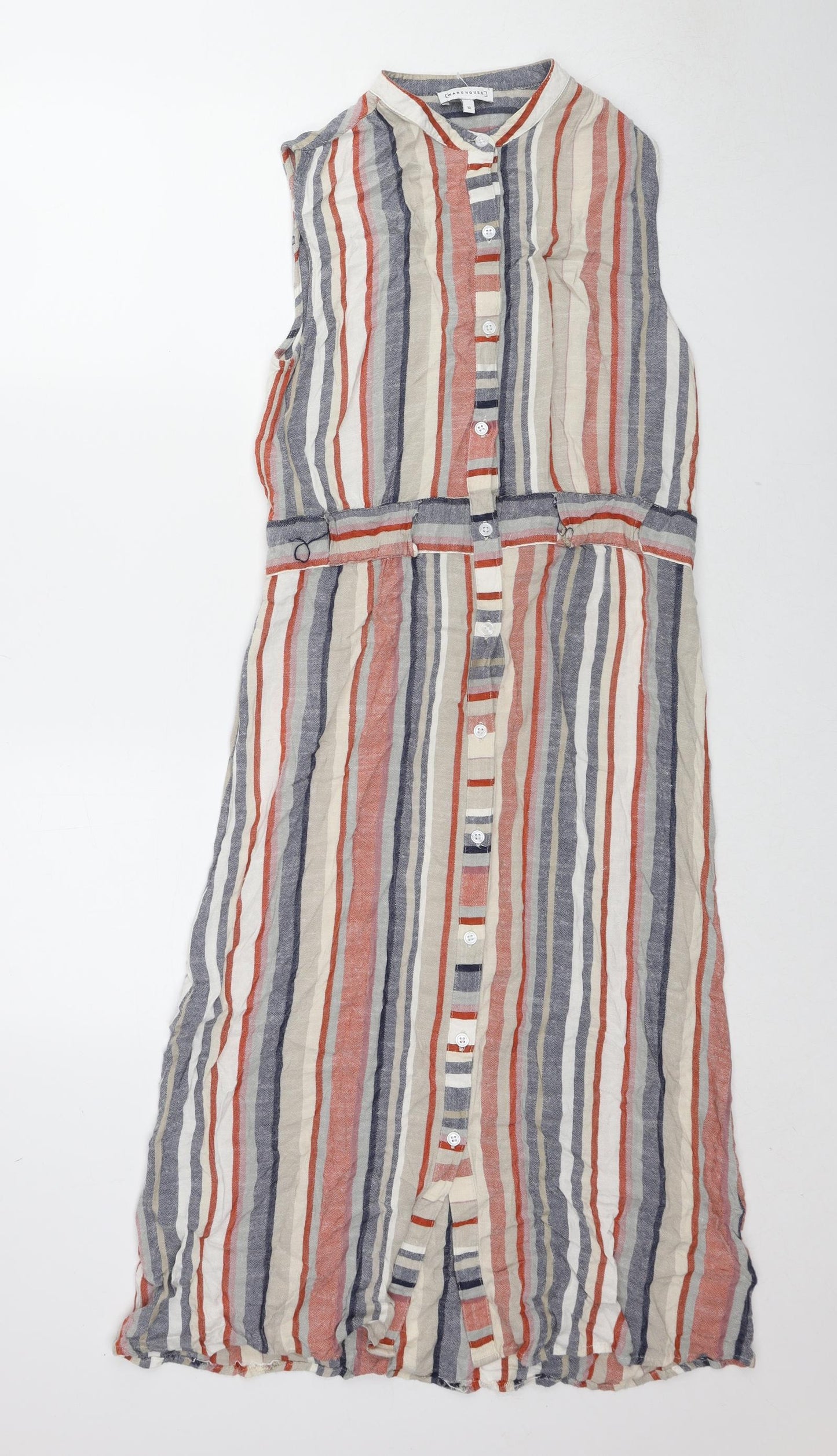 Warehouse Womens Multicoloured Striped Viscose Tank Dress Size 12 Round Neck Button