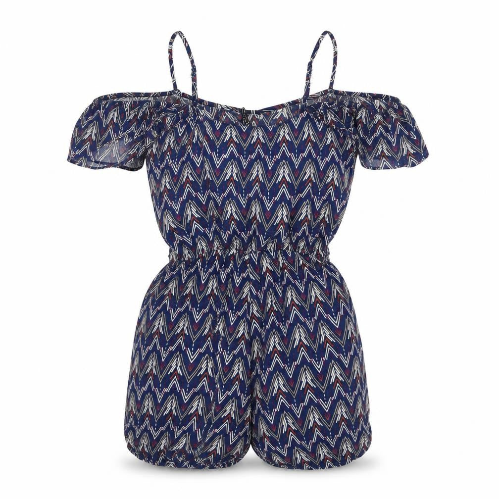 Front view of Divided by H&M women’s blue geometric viscose playsuit one-piece, size UK 8, pullover
