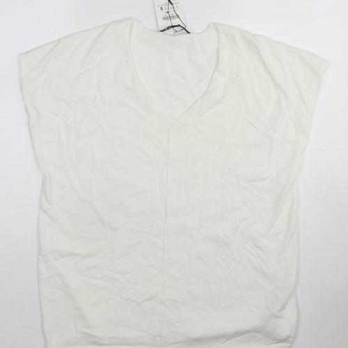 Zara Womens White V-Neck Viscose Pullover Jumper Size M