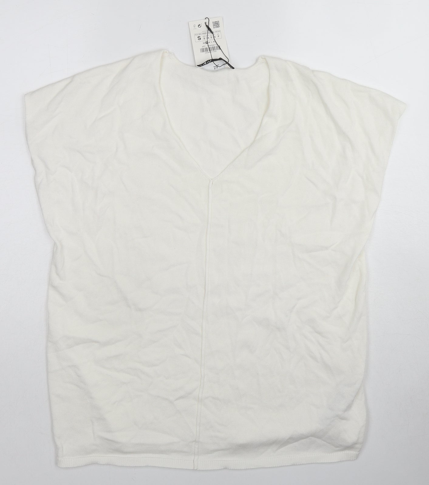 Zara Womens White V-Neck Viscose Pullover Jumper Size M