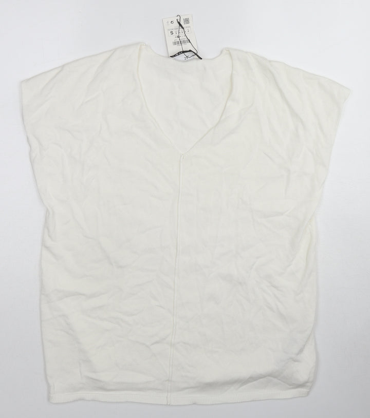 Zara Womens White V-Neck Viscose Pullover Jumper Size M