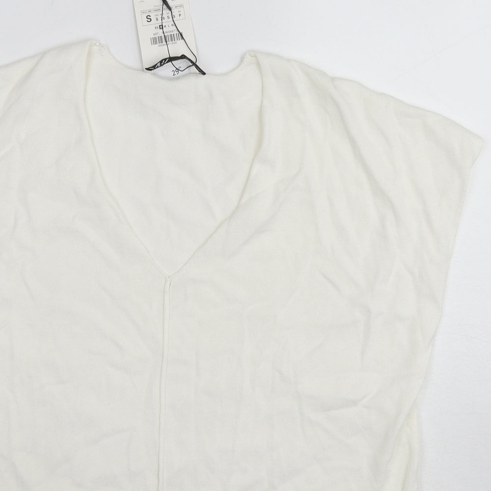 Zara Womens White V-Neck Viscose Pullover Jumper Size M