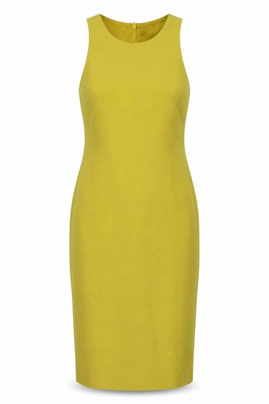 Front view of H&M women’s yellow polyester shift, size UK 10, round neck zip
