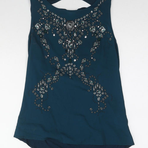 Oasis Womens Blue Viscose Basic Blouse Size M Boat Neck - Embellished