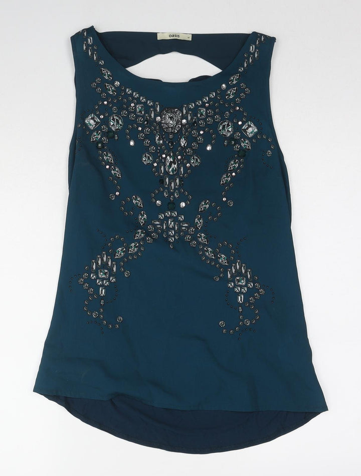 Oasis Womens Blue Viscose Basic Blouse Size M Boat Neck - Embellished