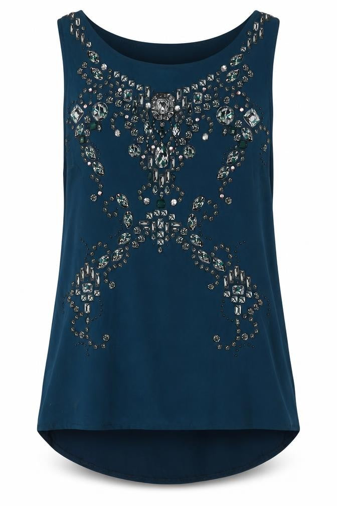 Front view of Oasis women’s blue viscose basic blouse, size M, boat neck - embellished