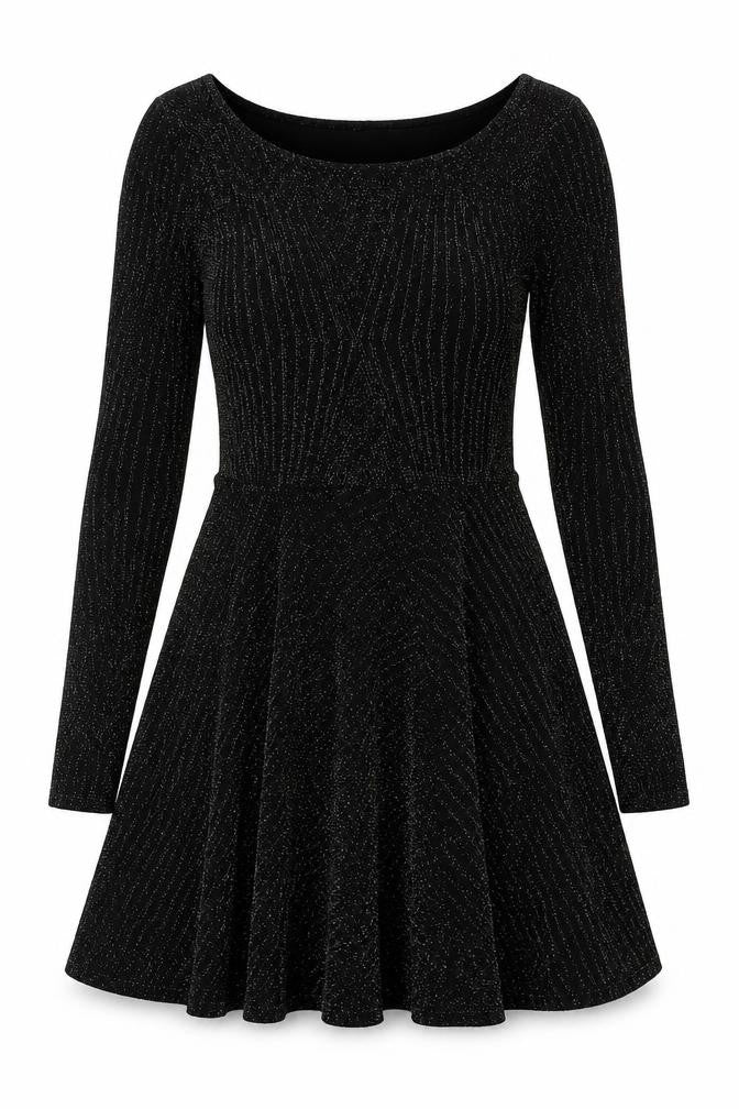 Front view of ORSAY women’s black geometric acrylic a-line, size UK 10, round neck pullover
