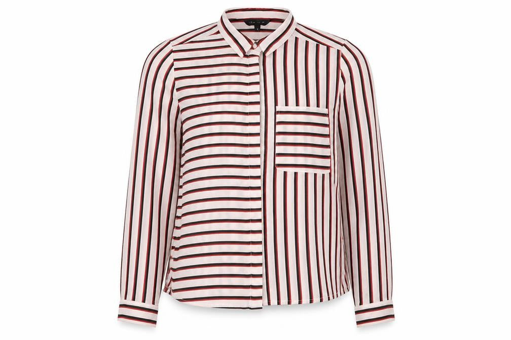 Front view of New Look women’s multicoloured striped polyester basic blouse, size UK 8, collared