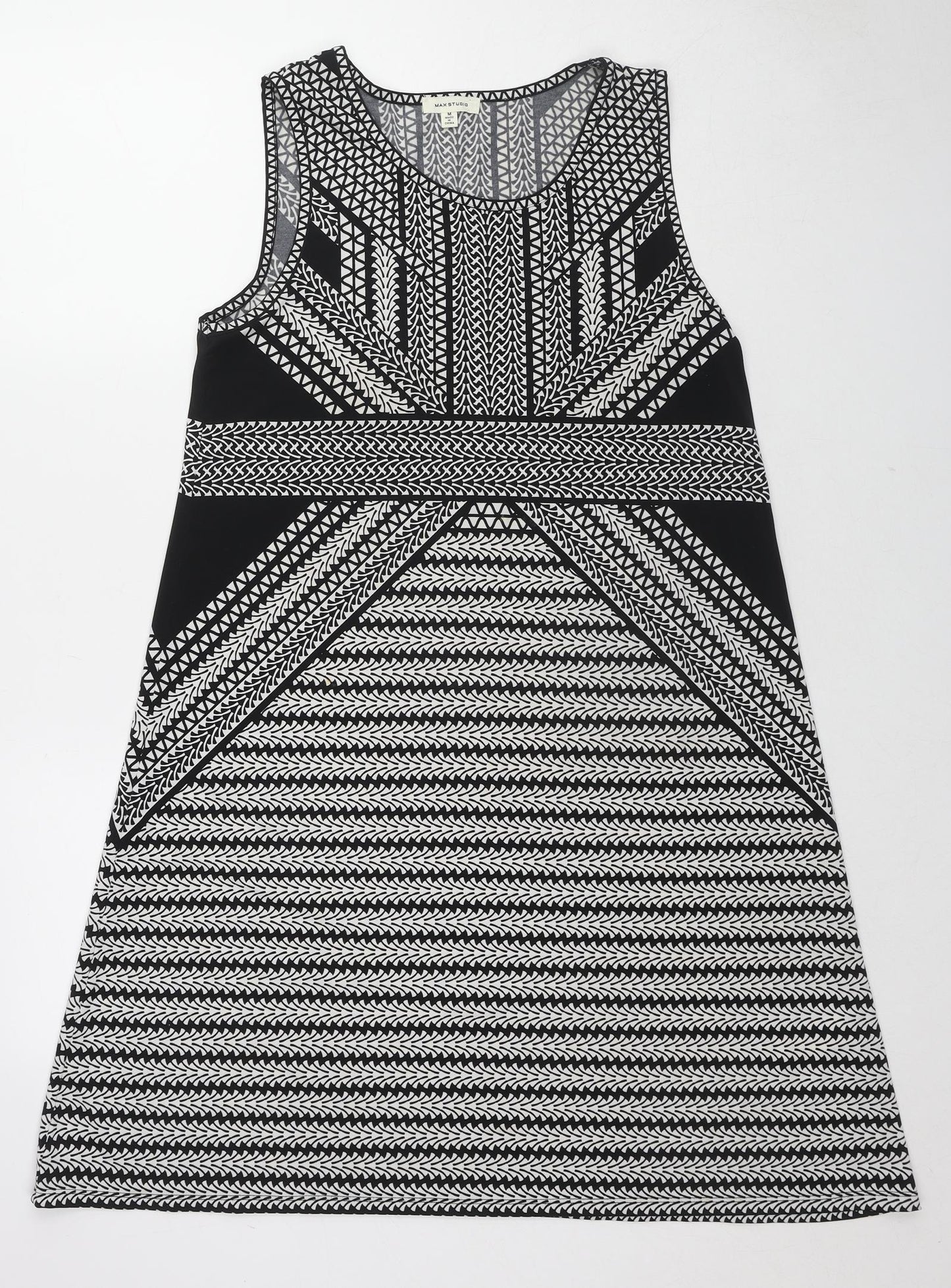 Max Studio Womens Black Geometric Polyester A-Line Size M Round Neck Pullover