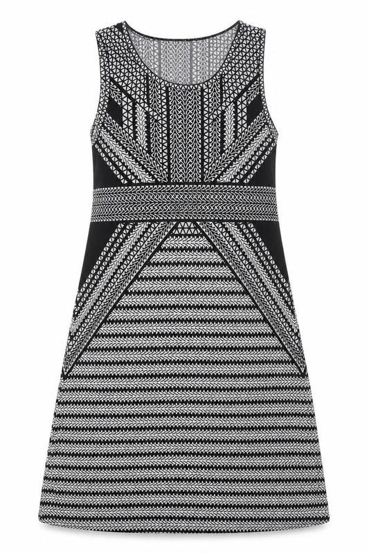 Front view of Max Studio women’s black geometric polyester a-line, size M, round neck pullover