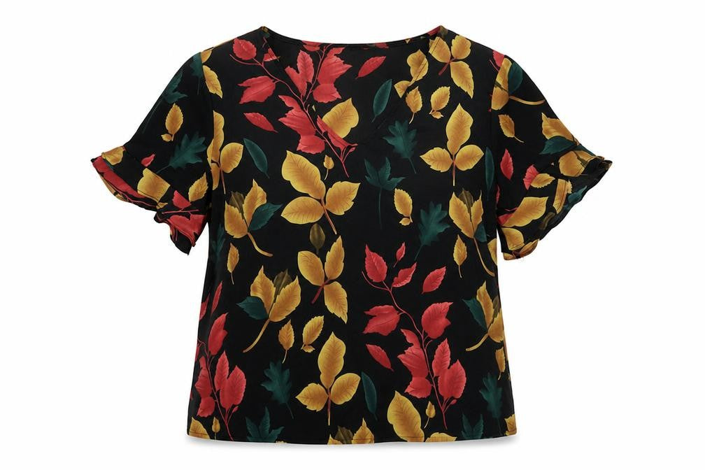 Front view of LM women’s multicoloured geometric polyester basic blouse, size S, v-neck - leaves print