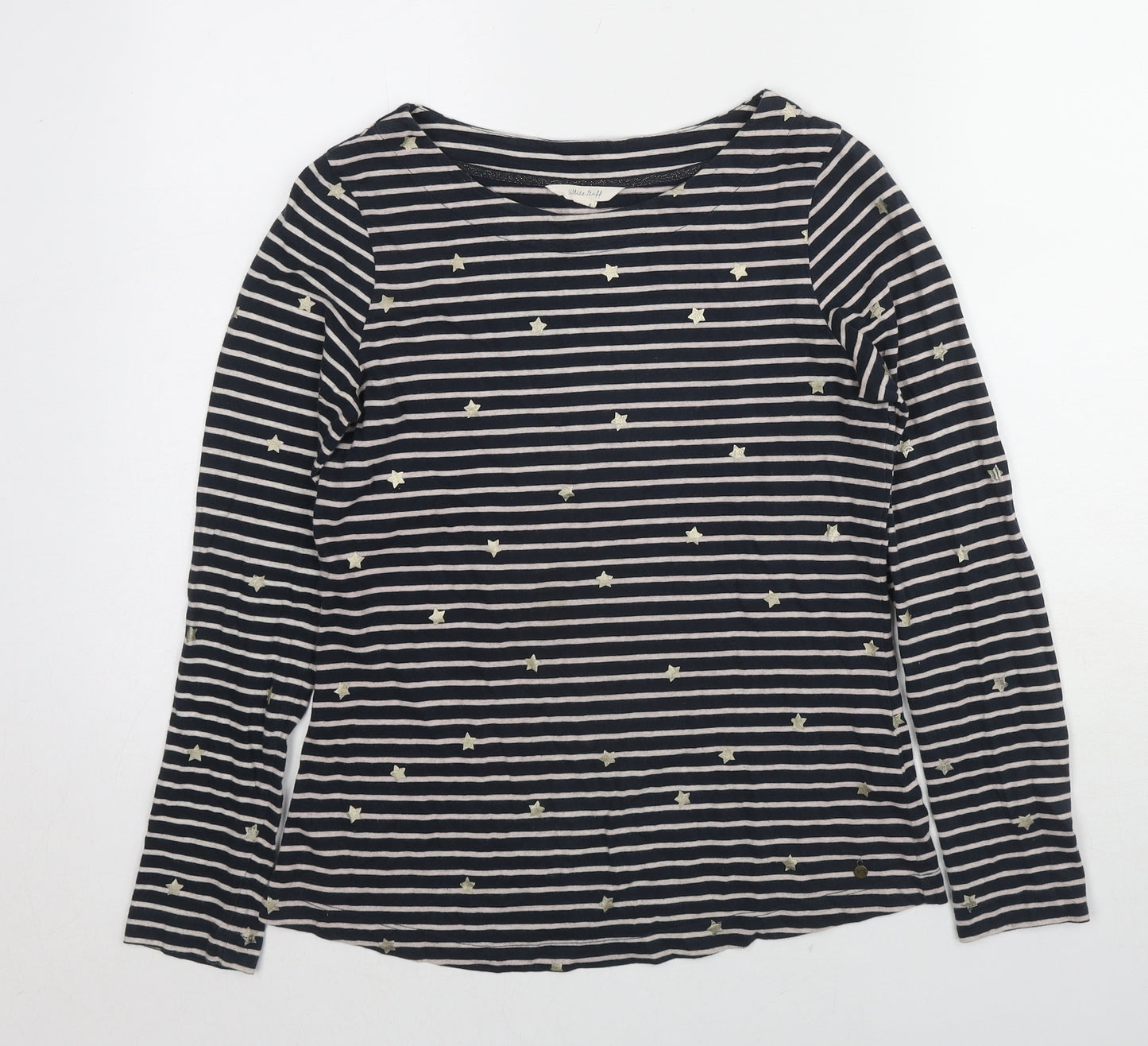 White Stuff Womens Blue Striped Cotton Basic T-Shirt Size 8 Round Neck - Stars Print