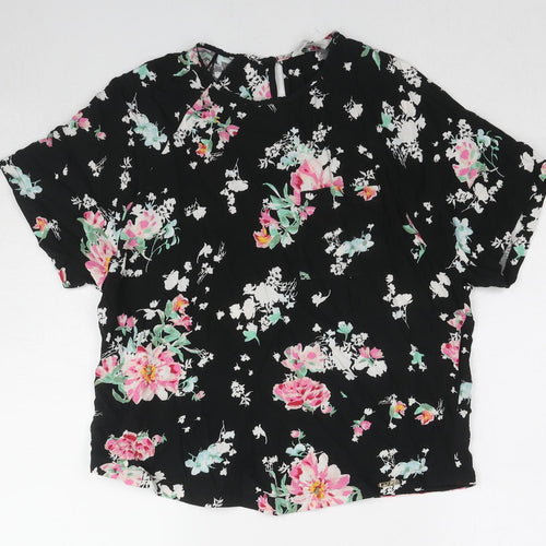 Marks and Spencer Womens Black Floral Viscose Basic Blouse Size 10 Round Neck
