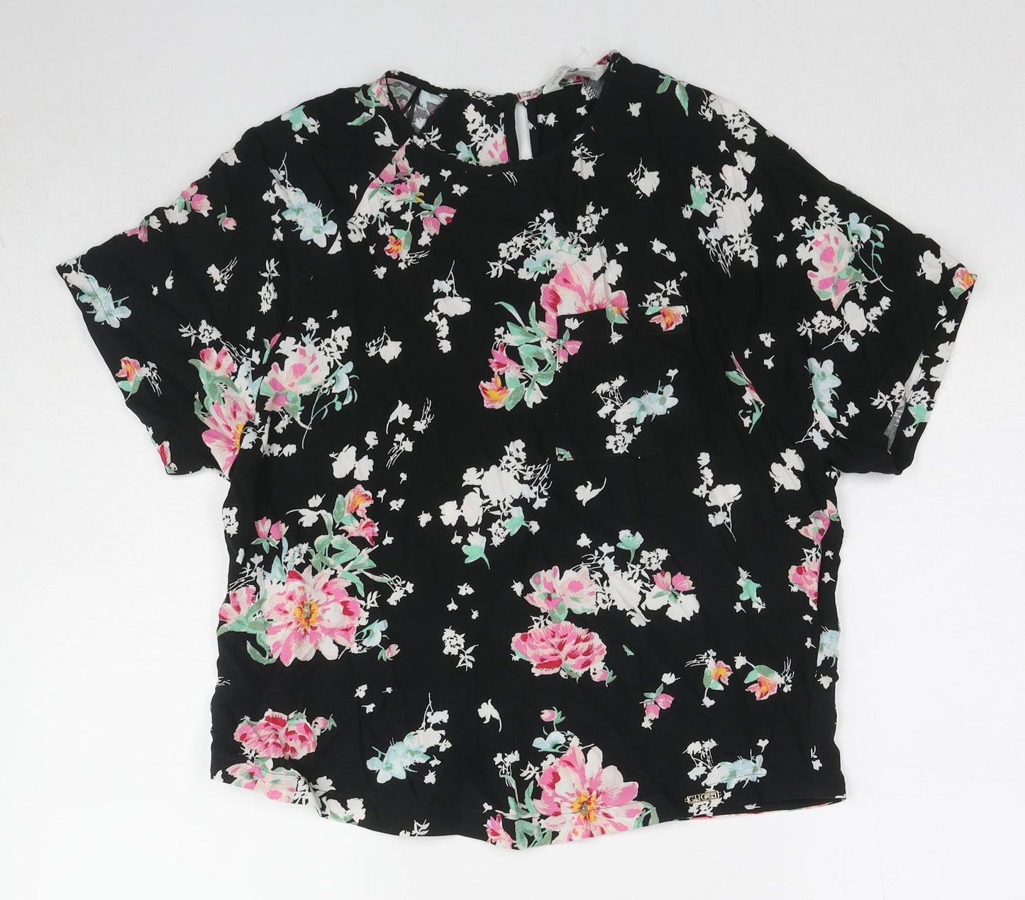 Marks and Spencer Womens Black Floral Viscose Basic Blouse Size 10 Round Neck