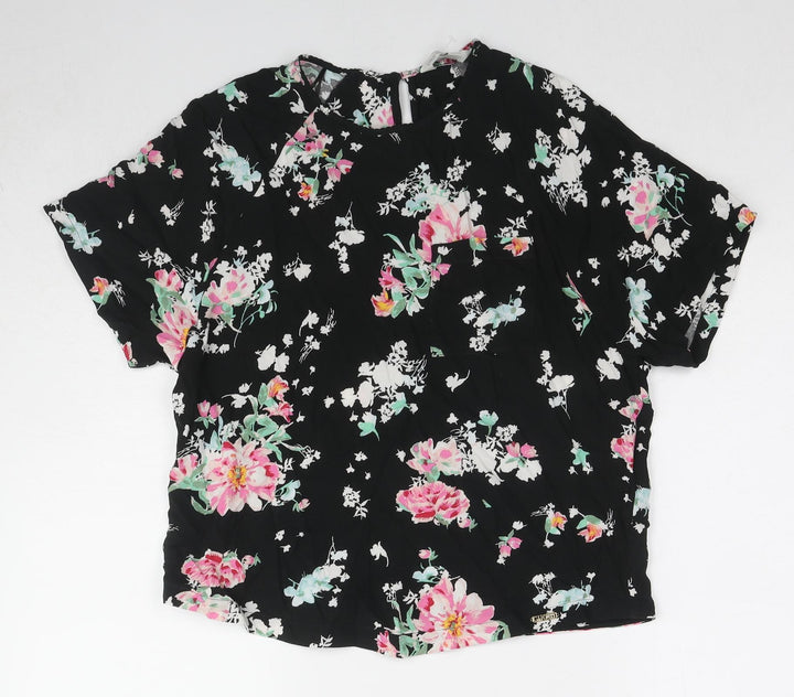 Marks and Spencer Womens Black Floral Viscose Basic Blouse Size 10 Round Neck