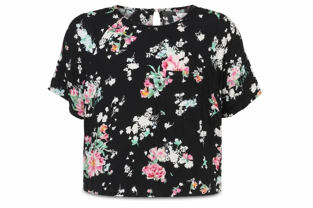 Front view of Marks & Spencer women’s black floral viscose basic blouse, size UK 10, round neck