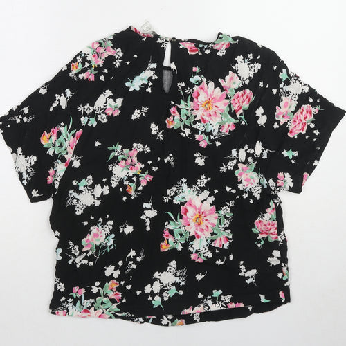 Marks and Spencer Womens Black Floral Viscose Basic Blouse Size 10 Round Neck