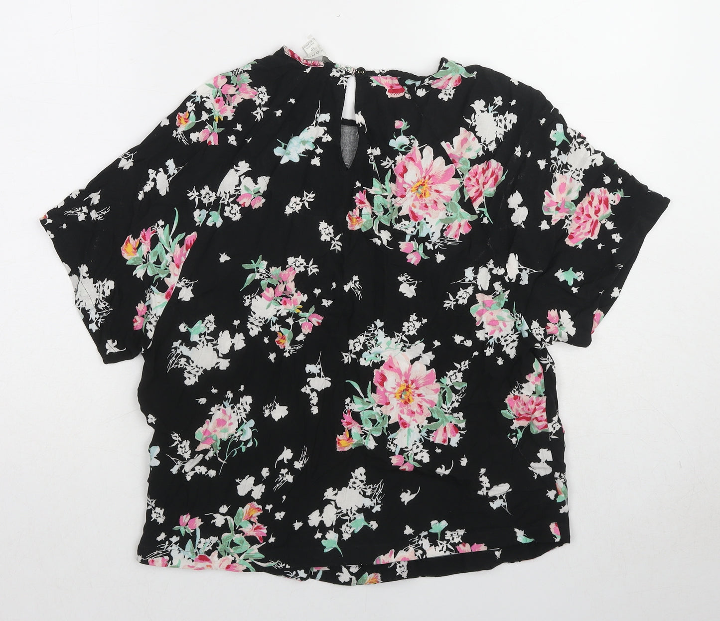 Marks and Spencer Womens Black Floral Viscose Basic Blouse Size 10 Round Neck