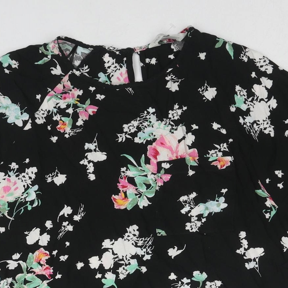 Marks and Spencer Womens Black Floral Viscose Basic Blouse Size 10 Round Neck