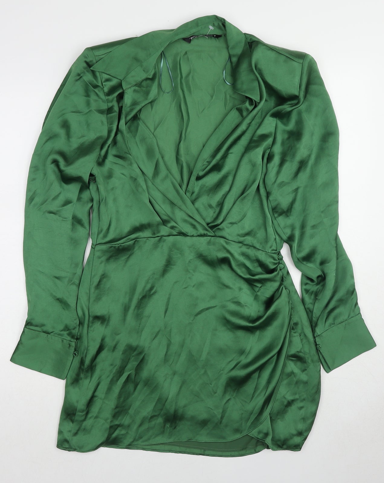 Zara Womens Green Polyester A-Line Size M Collared Zip - Shoulder pads