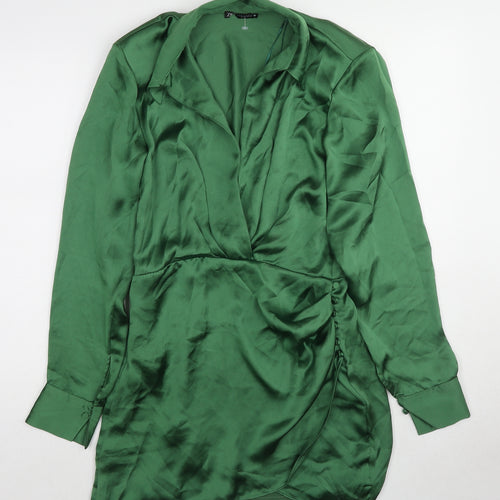 Zara Womens Green Polyester A-Line Size M Collared Zip - Shoulder pads