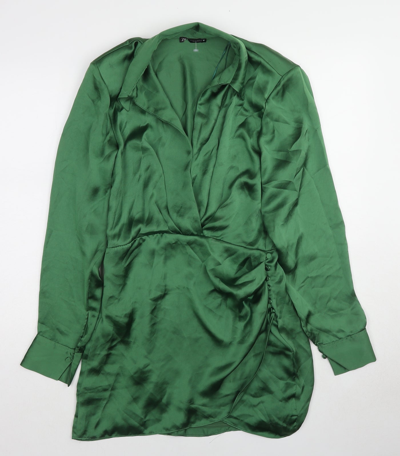 Zara Womens Green Polyester A-Line Size M Collared Zip - Shoulder pads