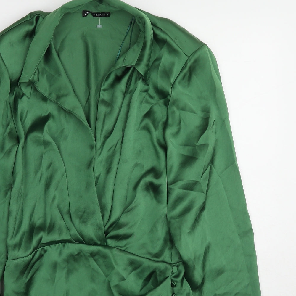 Zara Womens Green Polyester A-Line Size M Collared Zip - Shoulder pads