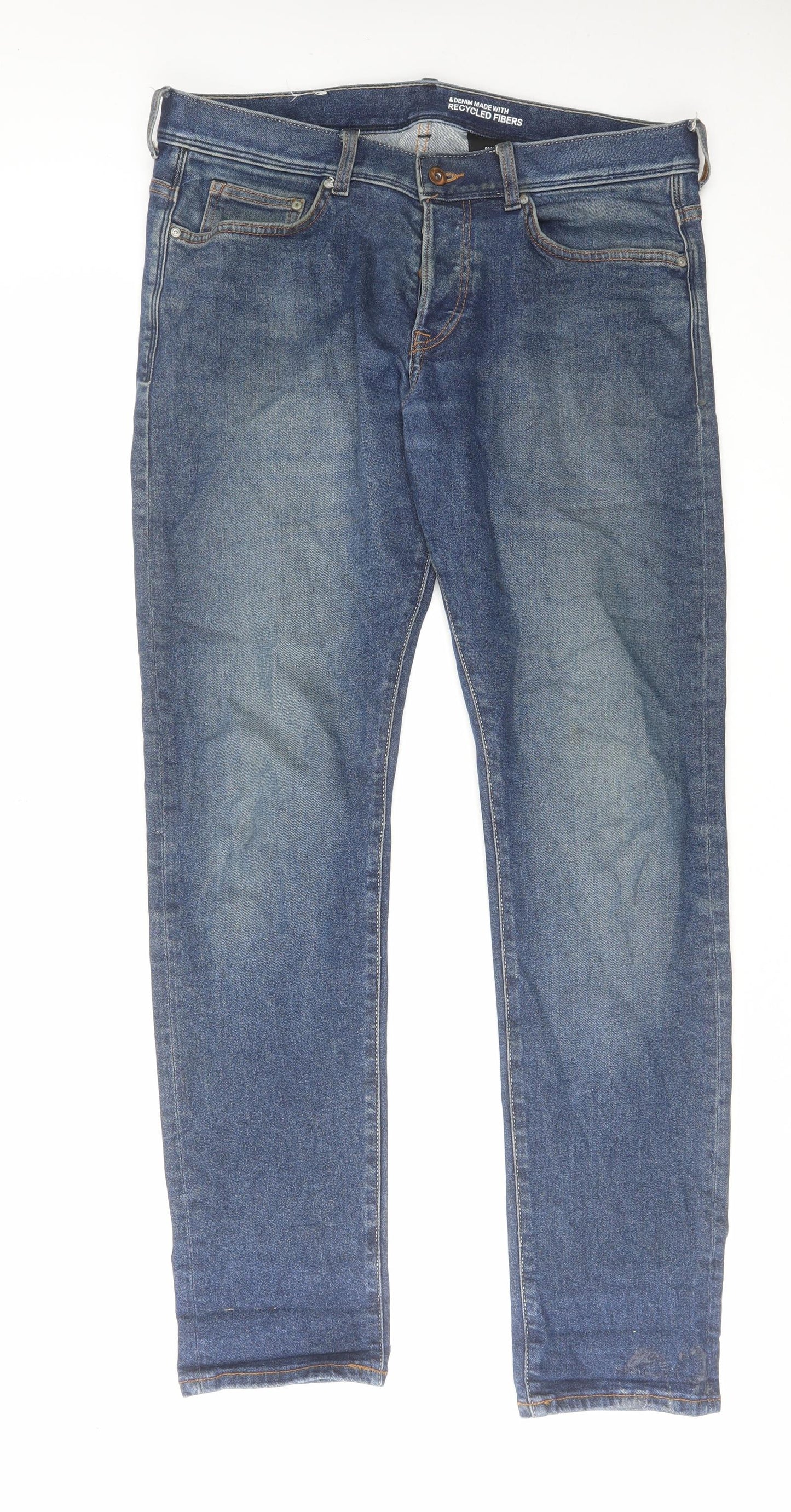 H&M Mens Blue Cotton Straight Jeans Size 33 in L32 in Slim Button