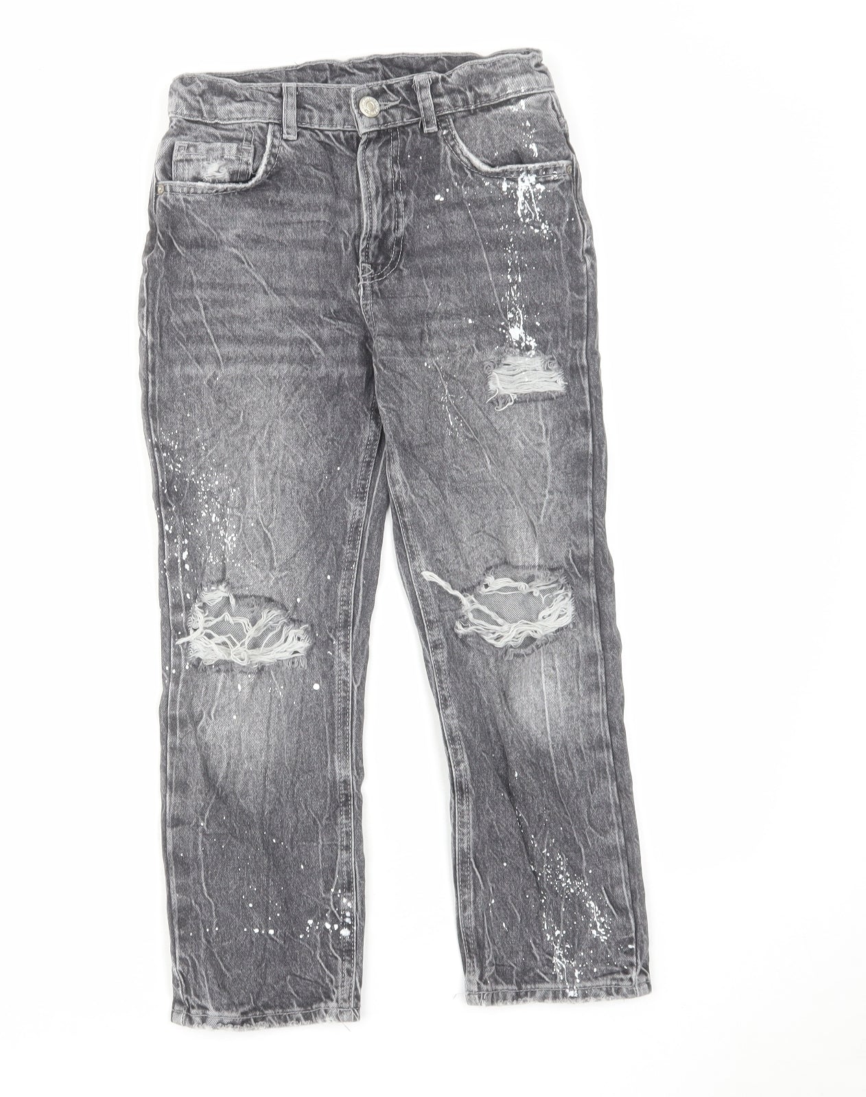 Zara Girls Grey Cotton Straight Jeans Size 8 Years Regular Zip - Distressed