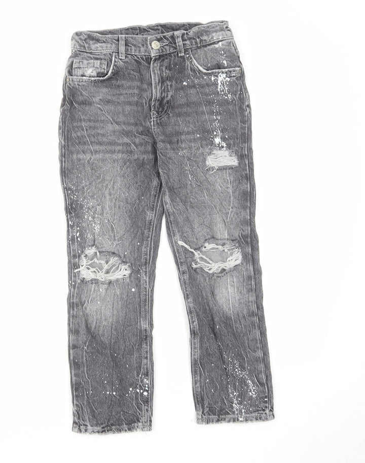 Zara Girls Grey Cotton Straight Jeans Size 8 Years Regular Zip - Distressed
