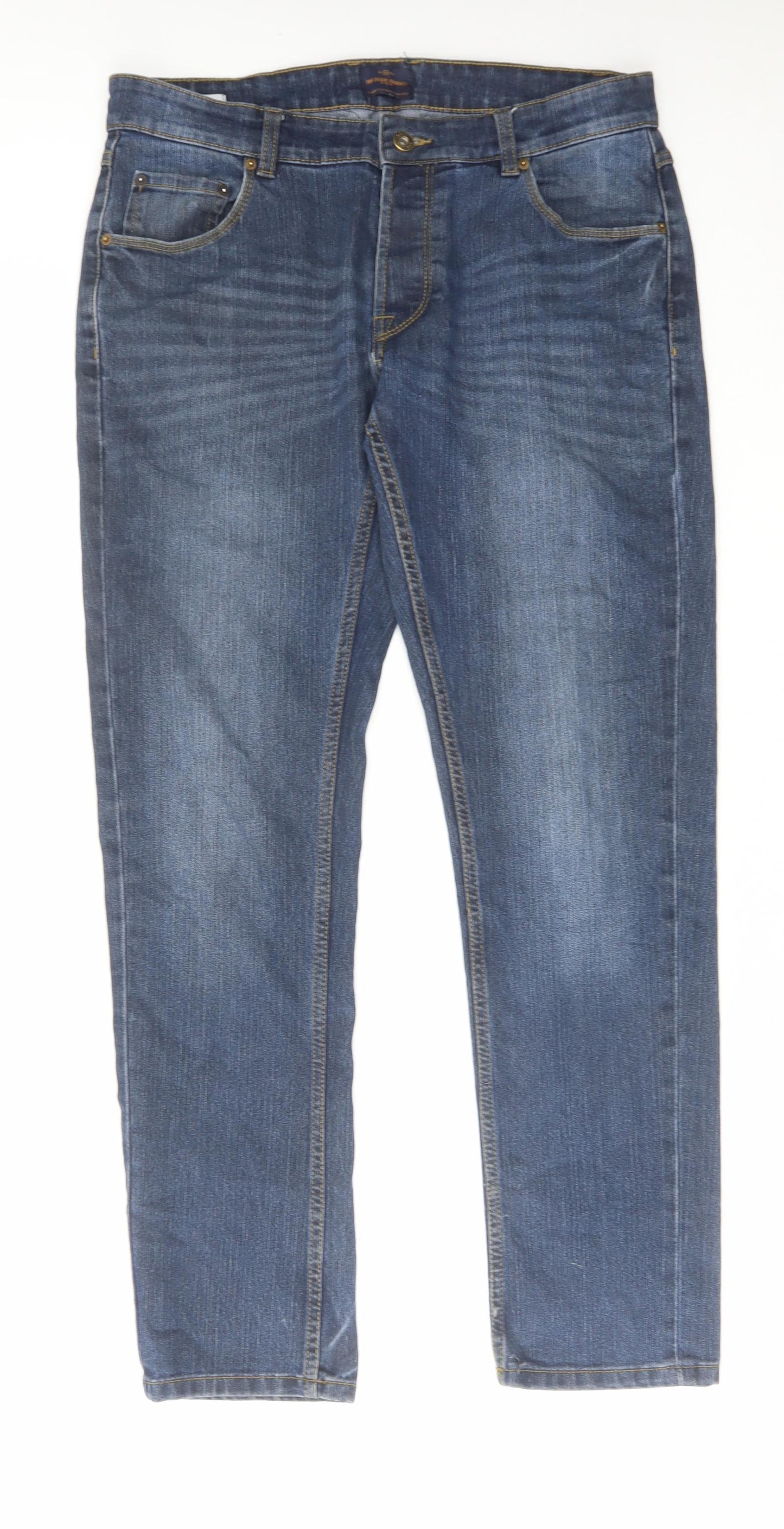 !Solid Mens Blue Cotton Straight Jeans Size 32 in L32 in Slim Button