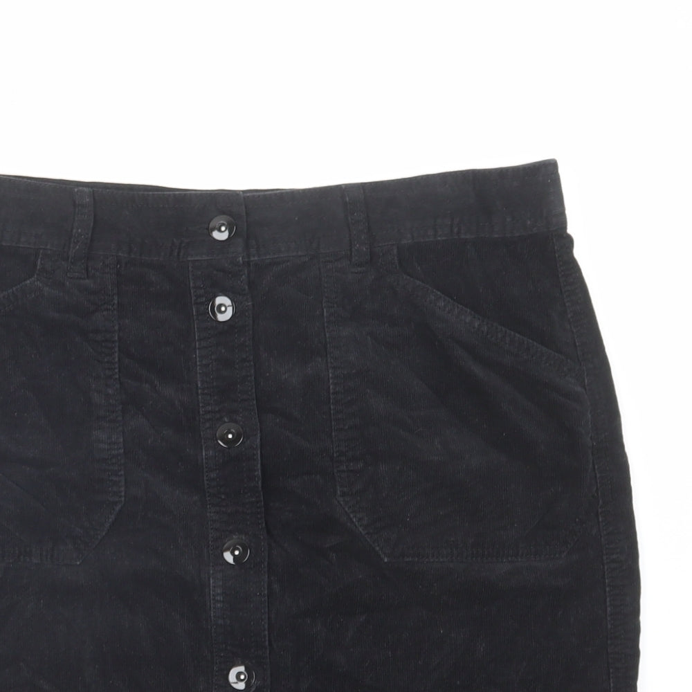 Marks and Spencer Womens Black Cotton A-Line Skirt Size 14 Button