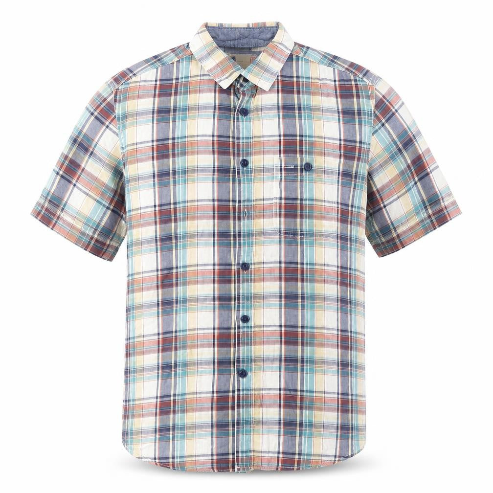 Front view of Marks & Spencer men’s multicoloured plaid cotton button-up, size M, collared button