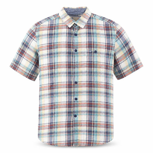Front view of Marks & Spencer men’s multicoloured plaid cotton button-up, size M, collared button