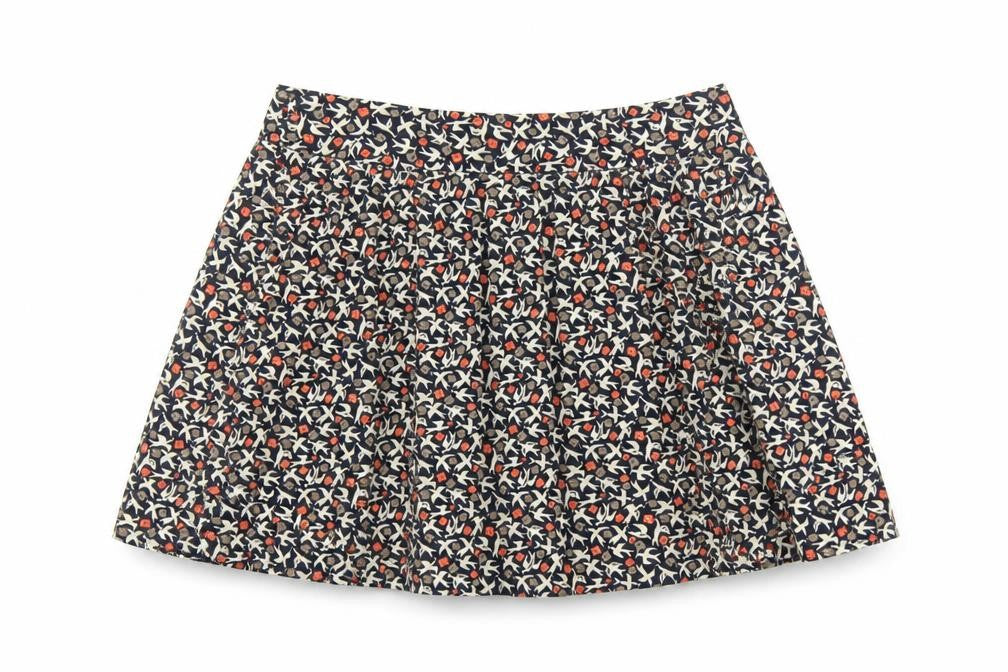 Front view of Gap women’s multicoloured geometric polyester skater skirt, size UK 8, zip - bird pattern