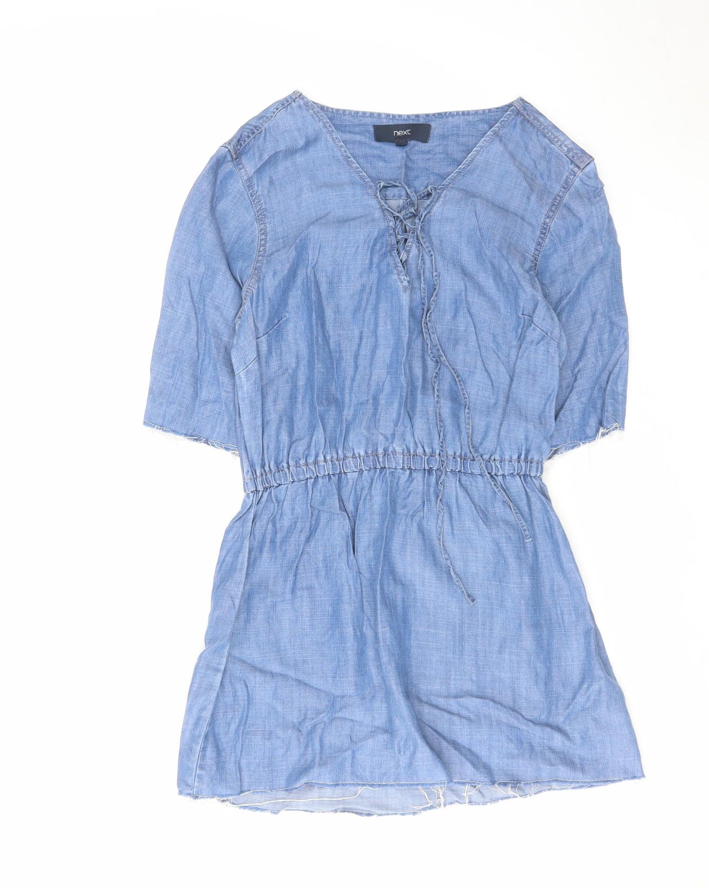 NEXT Womens Blue Cotton A-Line Size 8 V-Neck Tie - Distressed Look