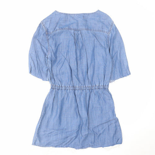 NEXT Womens Blue Cotton A-Line Size 8 V-Neck Tie - Distressed Look