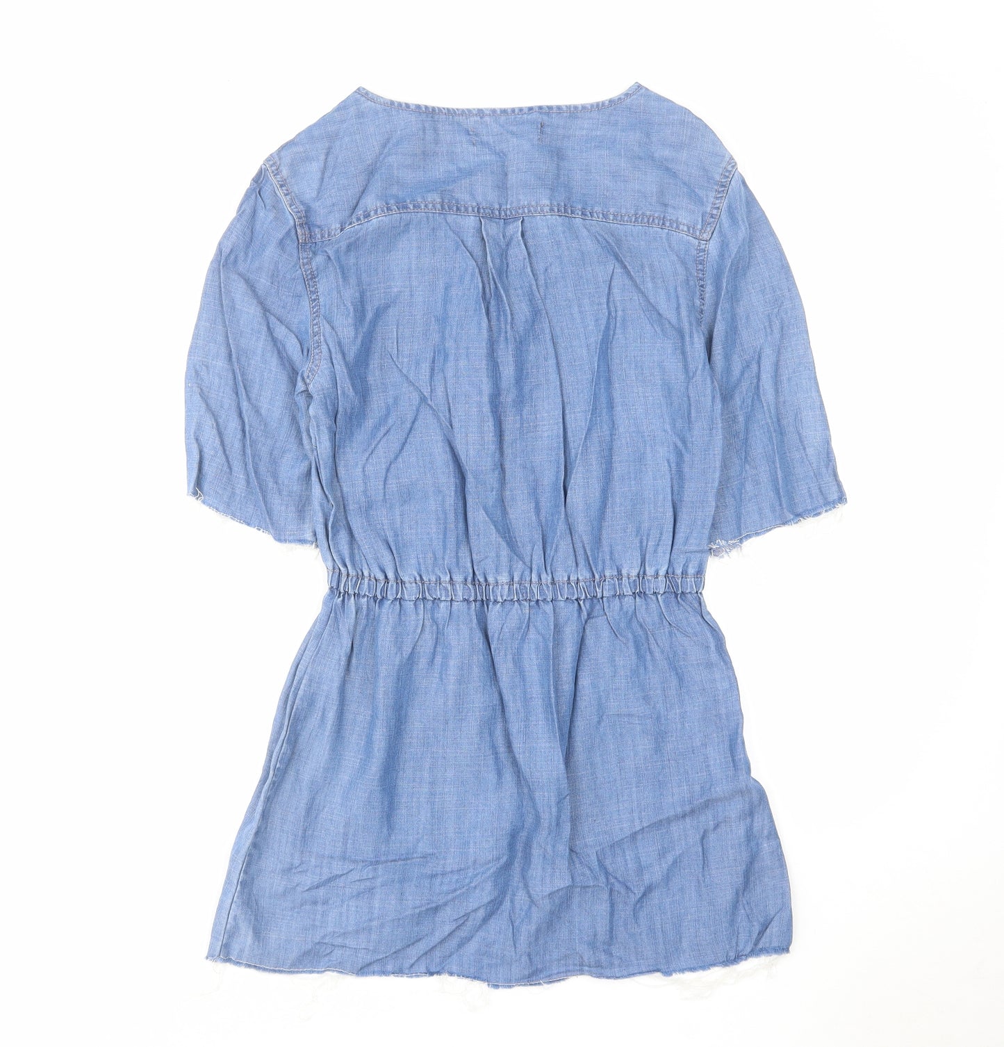 NEXT Womens Blue Cotton A-Line Size 8 V-Neck Tie - Distressed Look