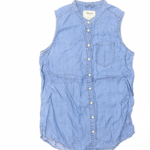 Denim & Co. Womens Blue Cotton Basic Button-Up Size 8 Round Neck