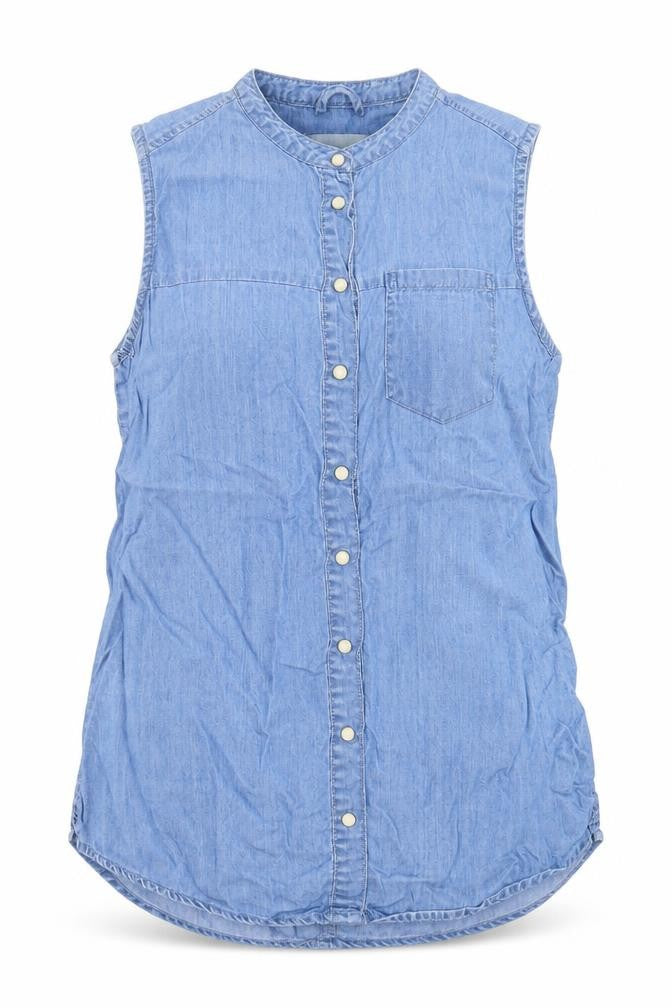 Front view of Denim & Co. women’s blue cotton basic button-up, size UK 8, round neck