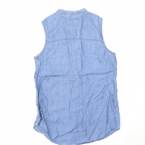 Denim & Co. Womens Blue Cotton Basic Button-Up Size 8 Round Neck