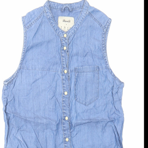 Denim & Co. Womens Blue Cotton Basic Button-Up Size 8 Round Neck