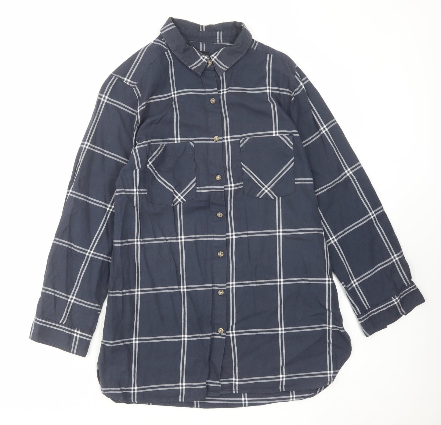 B.You Womens Blue Plaid Cotton Basic Button-Up Size 14 Collared